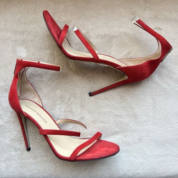 Tamara Mellon Reverse Frontline Red Suede Heeled Sandals Women EU 42 US 10.5 - Picture 1 of 16